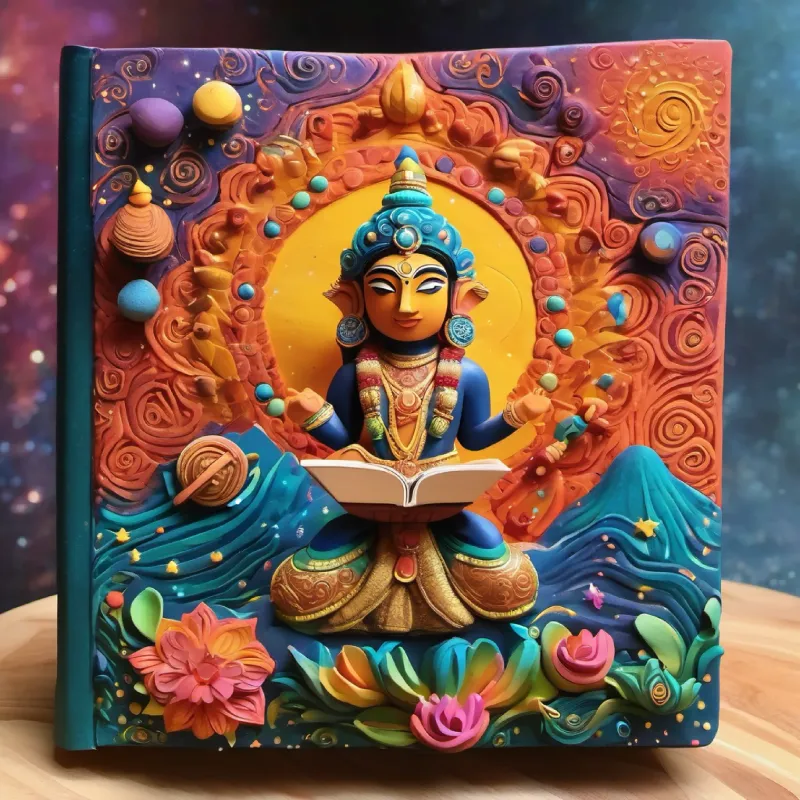 Imagine a whimsical claymation-style book cover where Lord Kartikeya, molded with intricate details, joyfully rides his cosmic peacock through a clay galaxy, with vibrant clay stars and planets, creating a charming and enchanting scene.""Craft a playful claymation book cover featuring a dynamic Lord Kartikeya in multi-dimensional form, his clay heads expressing different emotions, as he engages in a cosmic dance amidst a clay universe filled with cosmic clay particles.""Illustrate a visually delightful claymation scene with Lord Kartikeya, molded with intricate textures, as he triumphantly wields his clay spear in a cosmic clay battleground, surrounded by swirling clay cosmic energies and playful bursts of color.""Create a whimsical claymation book cover where Lord Kartikeya, rendered in a charming clay aesthetic, stands against a cosmic clay mountain backdrop, with clay constellations twinkling in the clay night sky, evoking a sense of divine playfulness."
