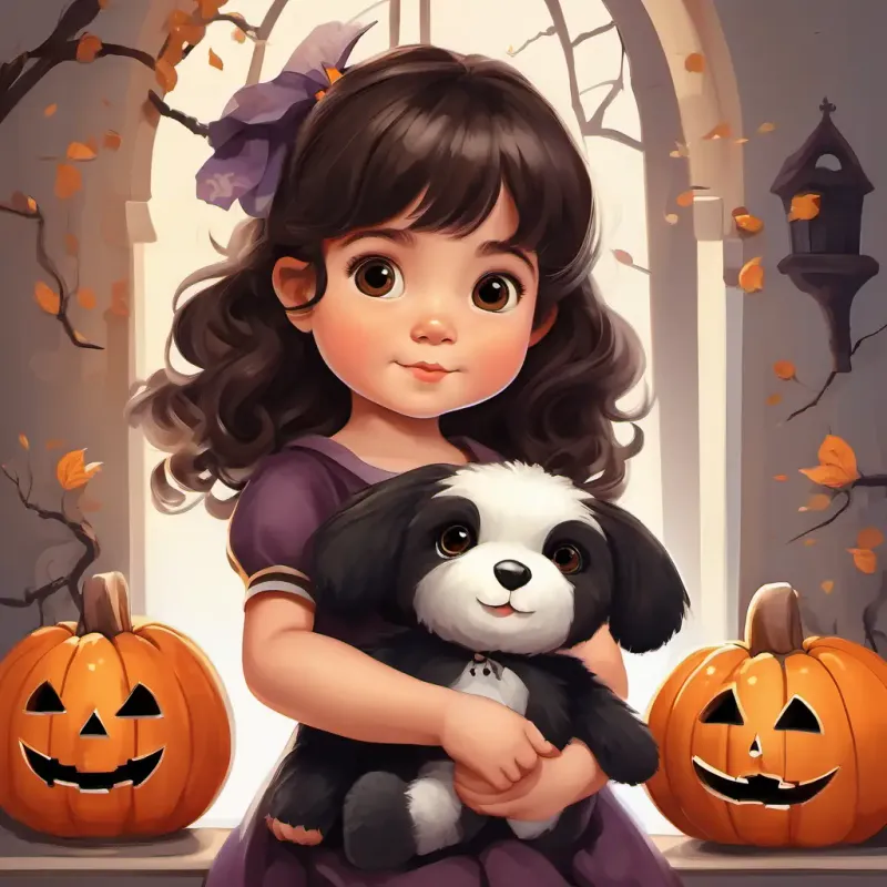 Lily is a 3-year-old girl with black wavy hair and big brown eyes, a 3-year-old girl with black wavy hair and brown eyes, holding a rag doll with a white background.