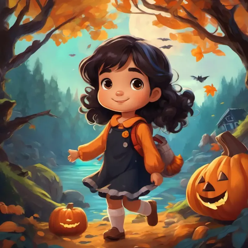 Lily is a 3-year-old girl with black wavy hair and big brown eyes and her rag doll exploring a magical forest, climbing mountains, and swimming in the sea.