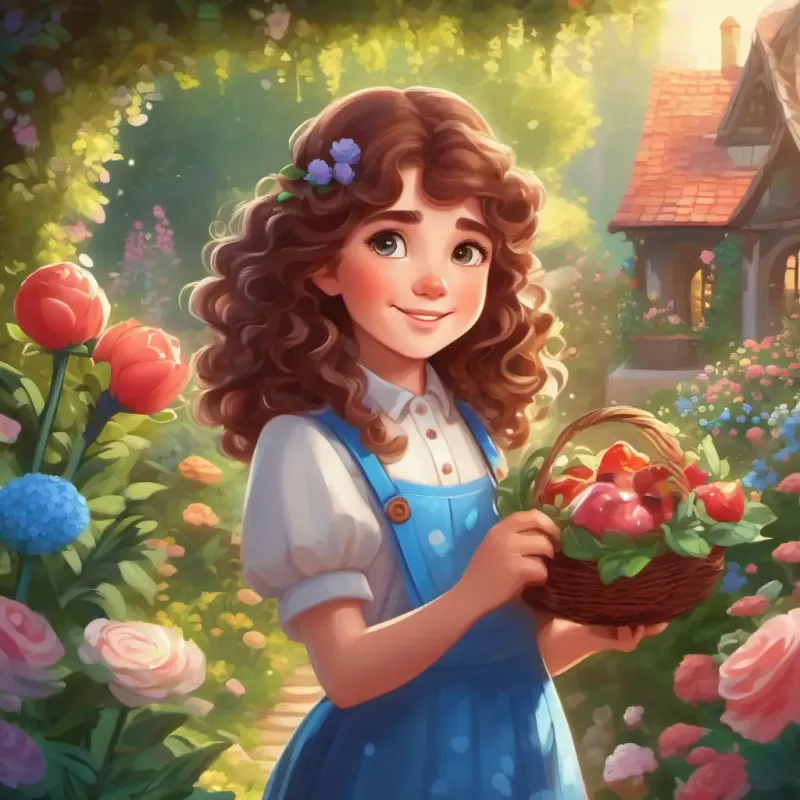 Rosy cheeks, sparkling blue eyes, curly brown hair enters a magical garden with delicious treats.
