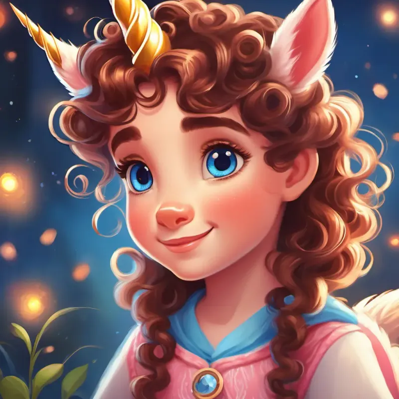 Rosy cheeks, sparkling blue eyes, curly brown hair meets a friendly unicorn named Sparkle.