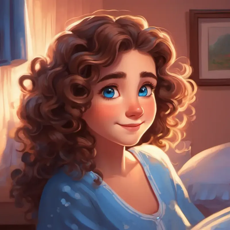 Rosy cheeks, sparkling blue eyes, curly brown hair returns to her room and goes to bed with happy thoughts.
