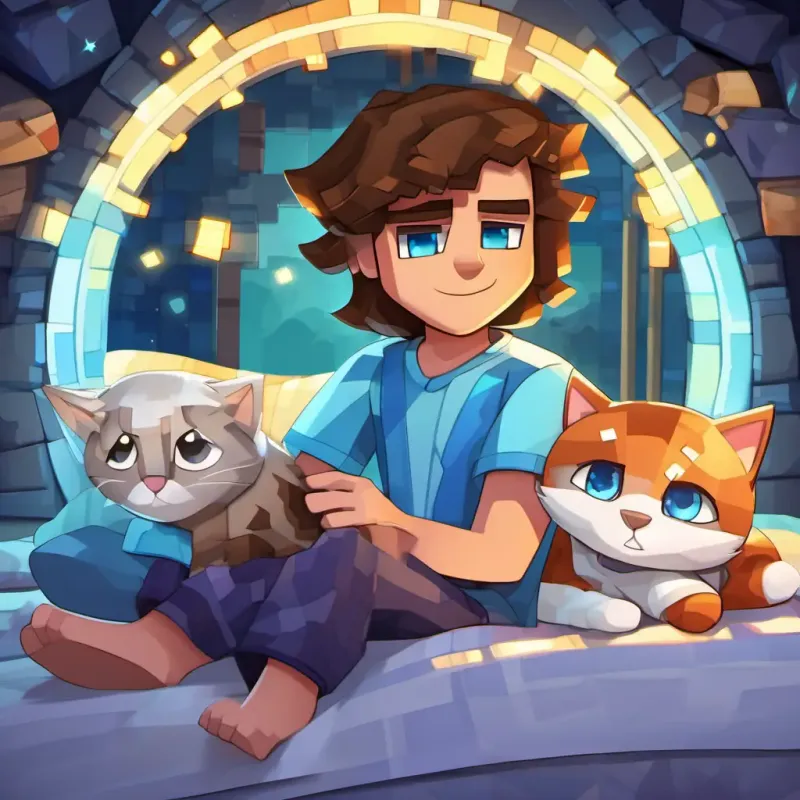 Brown hair, blue eyes, adventurous spirit, and wears pajamas and his cat in their pajamas, snuggled together in bed, with a glowing, swirling portal in the background.