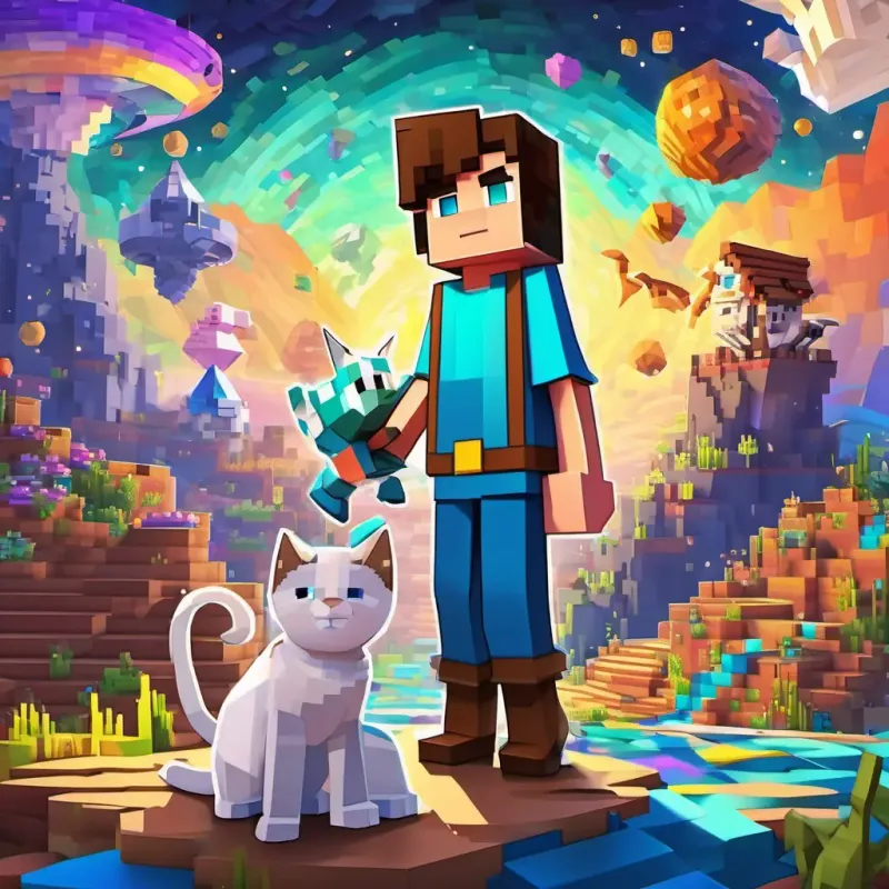 Brown hair, blue eyes, adventurous spirit, and wears pajamas and his cat standing on a colorful, swirling planet, surrounded by warden worms and feeling the wind whooshing past them.