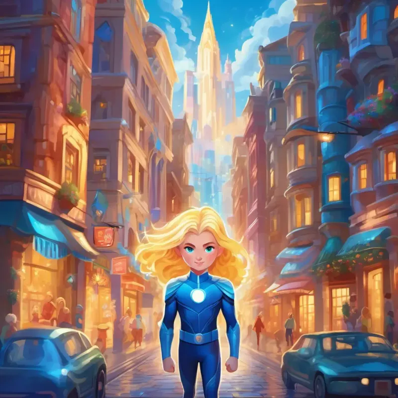 Introducing A brave, kind superhero with shimmering blue eyes and sparkling blonde hair and Dreamland, a vibrant city filled with magic and wonder.