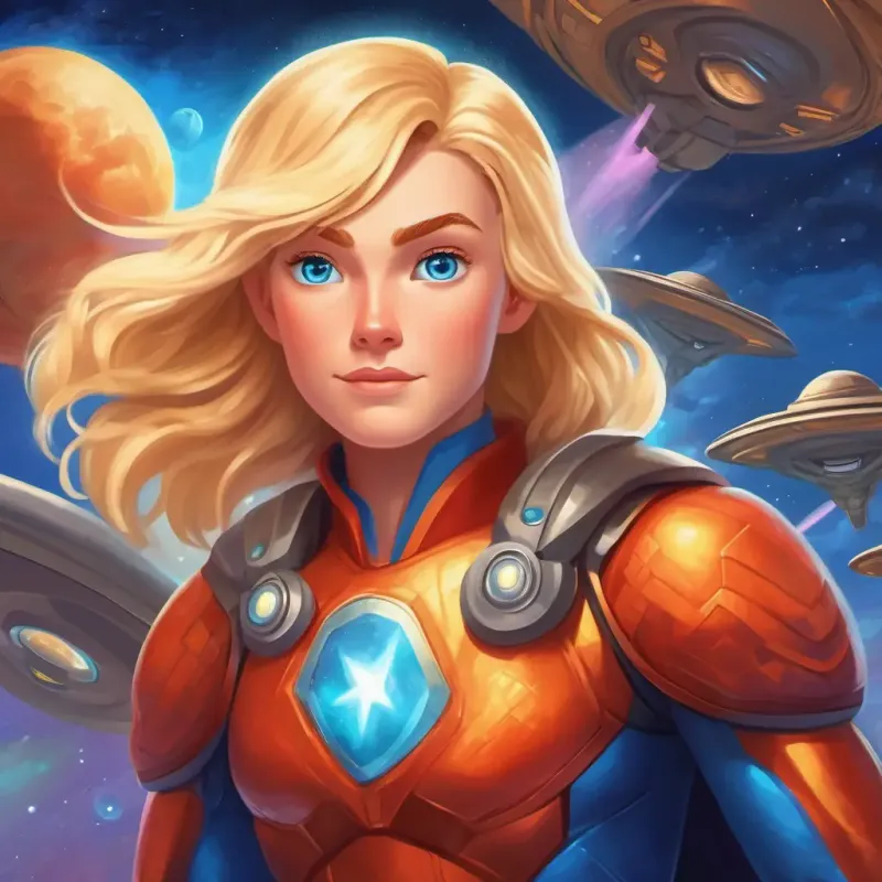 A brave, kind superhero with shimmering blue eyes and sparkling blonde hair's mission to help the aliens and show kindness, courage, and acceptance.