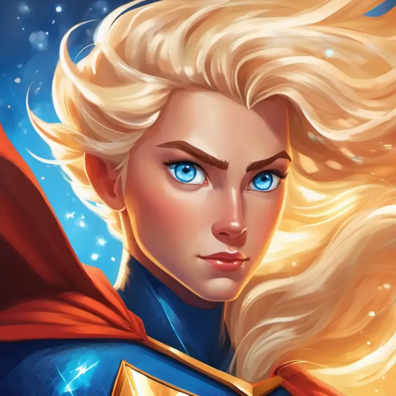 A brave, kind superhero with shimmering blue eyes and sparkling blonde hair's reflection on individual superpowers and the beauty of diversity.