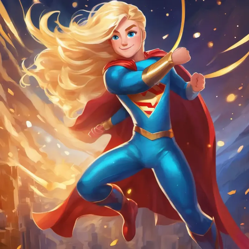 A brave, kind superhero with shimmering blue eyes and sparkling blonde hair's talent show, promoting self-expression and celebrating unique abilities.