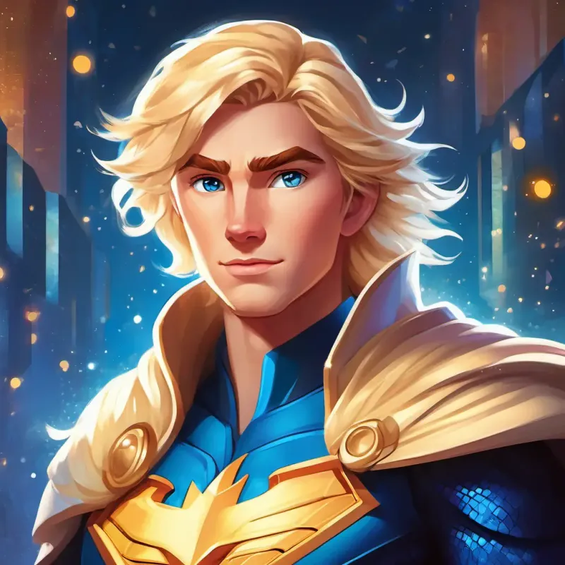A brave, kind superhero with shimmering blue eyes and sparkling blonde hair's ongoing mission to empower and uplift others, fostering a positive and inclusive community.