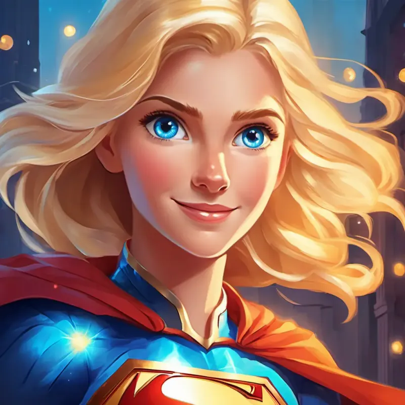 A cheerful conclusion to A brave, kind superhero with shimmering blue eyes and sparkling blonde hair's empowering adventures.