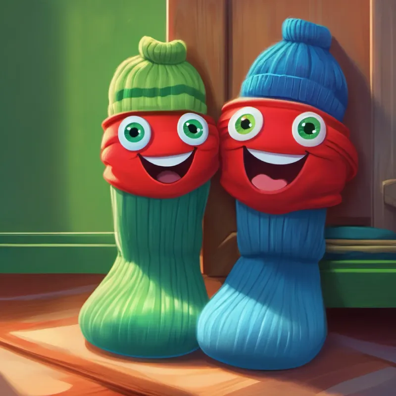 Introduction of A blue sock with big button eyes and a warm smile and A long red sock with a playful grin and bright green eyes, living in their sock drawer world.