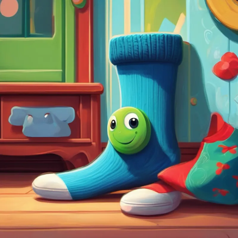 A blue sock with big button eyes and a warm smile and A long red sock with a playful grin and bright green eyes are taken to the playroom to find friends.