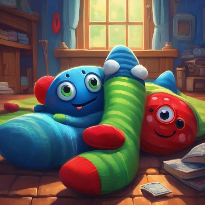 End of the adventure as A blue sock with big button eyes and a warm smile and A long red sock with a playful grin and bright green eyes fall asleep with new friends.