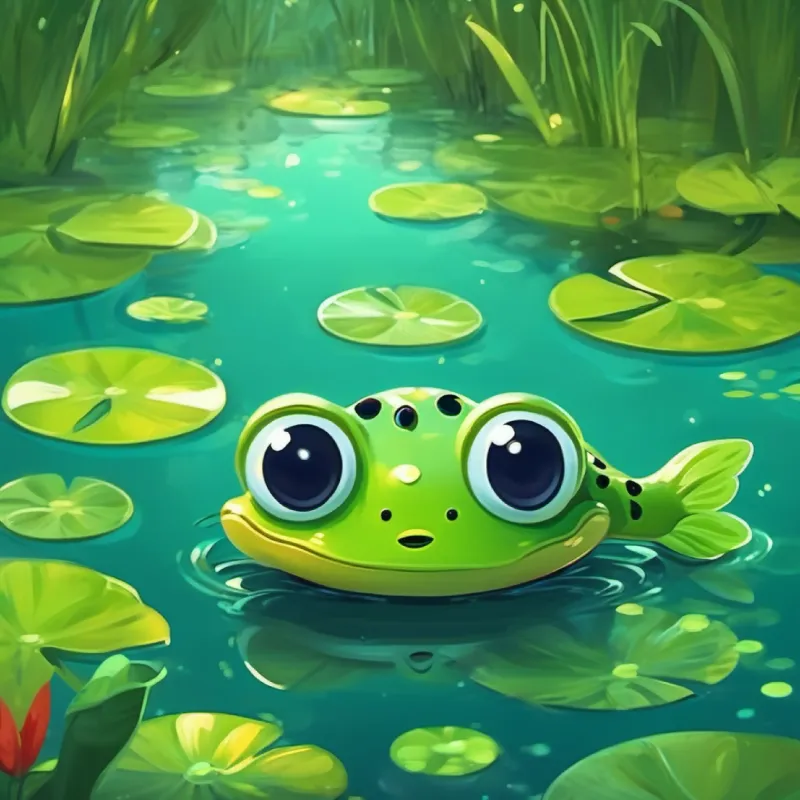 In a pond in China, Tiny green tadpole with big curious eyes and friends played happily.