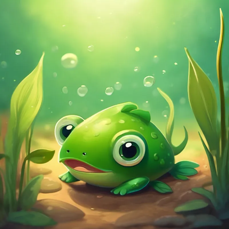 Tiny green tadpole with big curious eyes felt sad and decided to find his mommy.