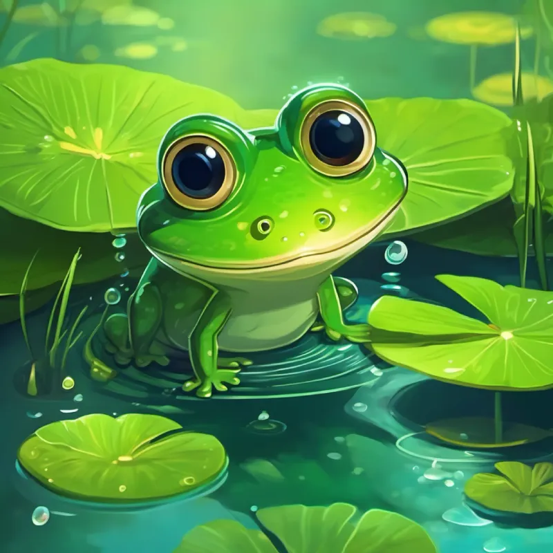 Tiny green tadpole with big curious eyes found the Old, wise green frog with a kind smile, who showed him a surprise in the pond.