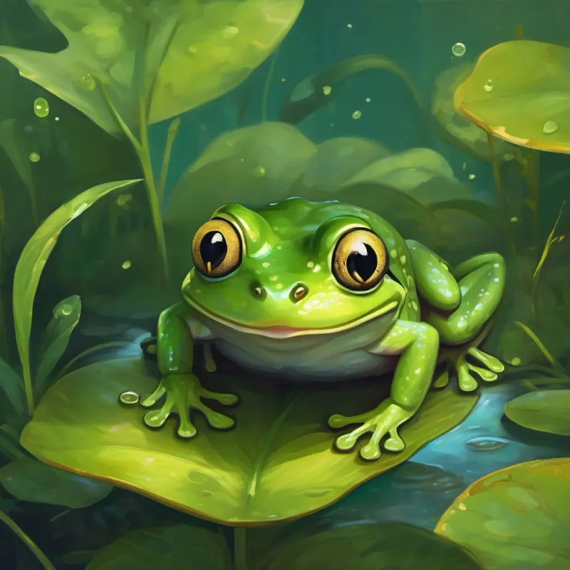 The Old, wise green frog with a kind smile revealed Tiny green tadpole with big curious eyes's surprise, making him overjoyed.