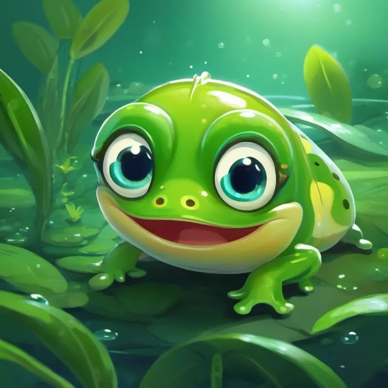 Tiny green tadpole with big curious eyes was happy and played with his friends, remembering his adventure.
