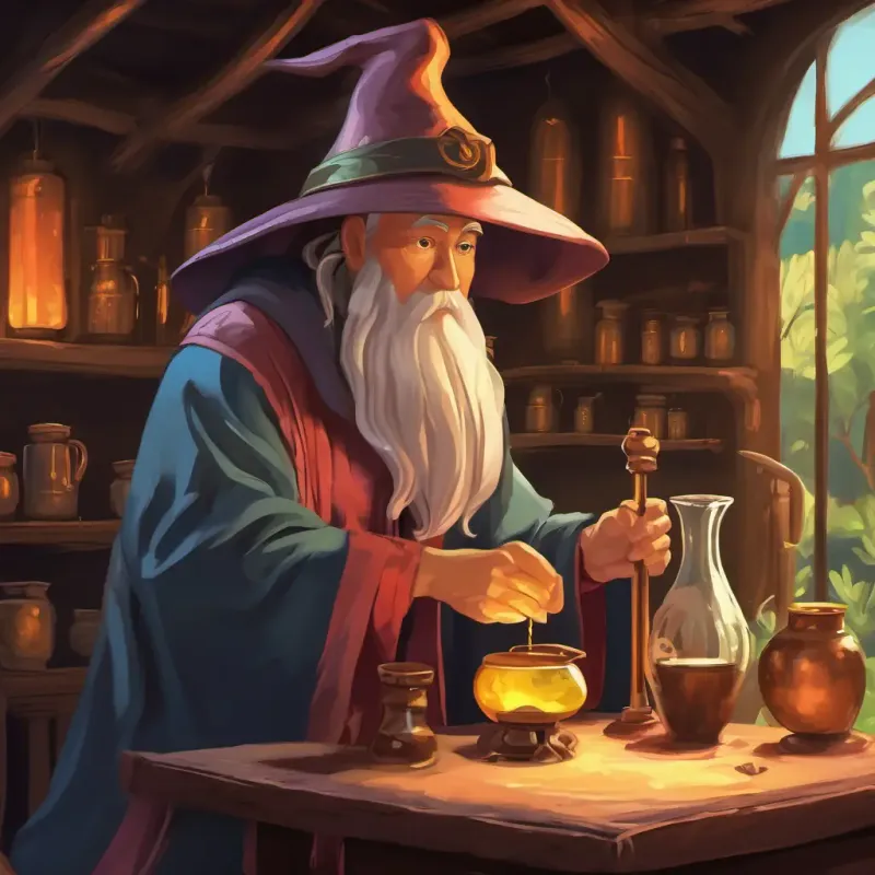 Old, kind eyes, long robes, pointy hat brewing a potion.