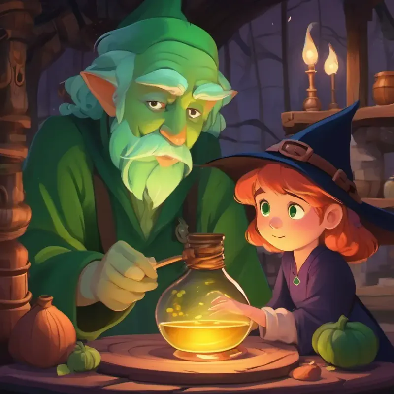Large, green skin, gentle eyes, round nose trying the potion, witch comforting him.