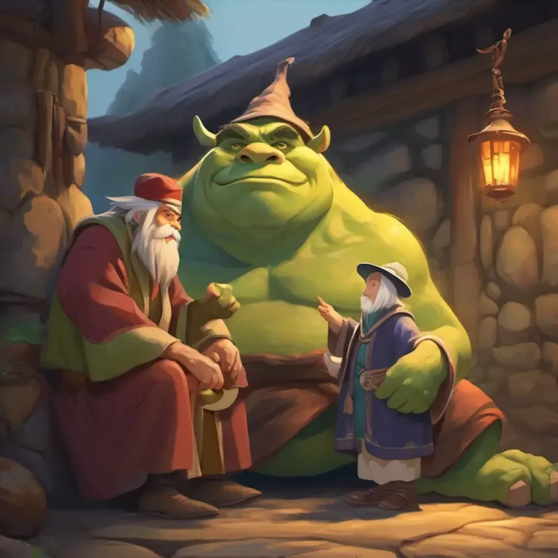 Old, kind eyes, long robes, pointy hat caring for ogre, sharing stories.