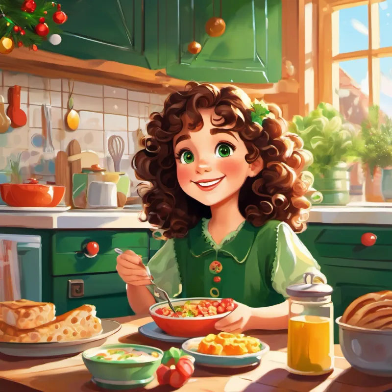 Young girl, curly brown hair, green eyes, bright smile eating breakfast, sunny kitchen setting