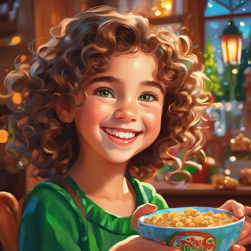 Close-up of Young girl, curly brown hair, green eyes, bright smile's cereal bowl, descriptive imaginations