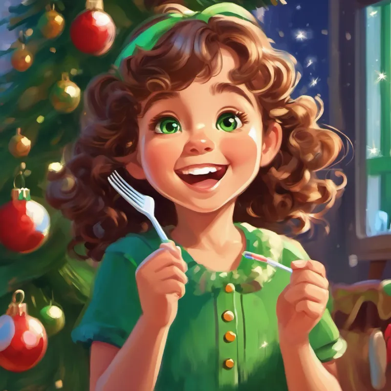 Young girl, curly brown hair, green eyes, bright smile brushing teeth, cheerful activity