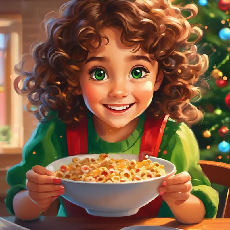 Young girl, curly brown hair, green eyes, bright smile accidentally spills her cereal, action moment