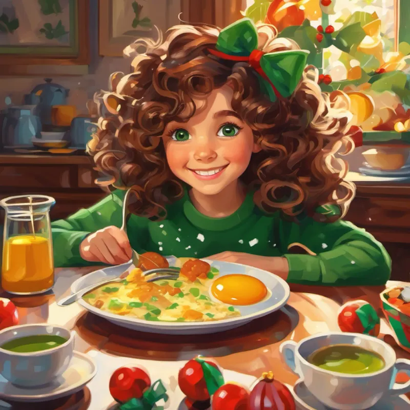 Young girl, curly brown hair, green eyes, bright smile reflecting on her spilled breakfast, internal thoughts