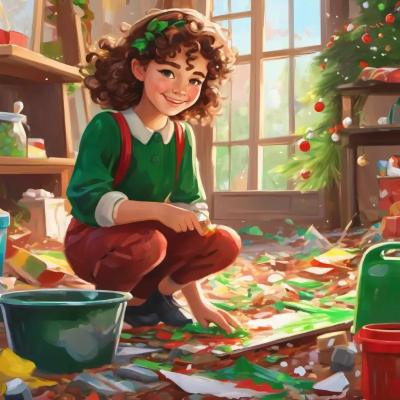 Young girl, curly brown hair, green eyes, bright smile cleaning up the mess, taking responsibility