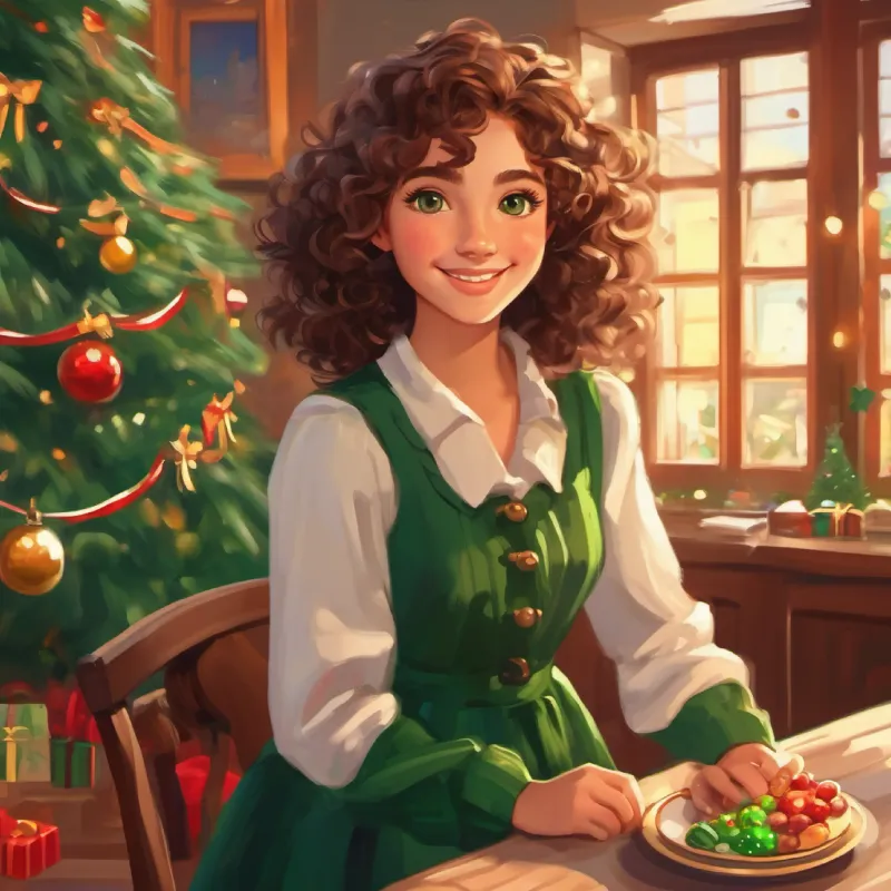 Clean table, Young girl, curly brown hair, green eyes, bright smile feeling slightly improved