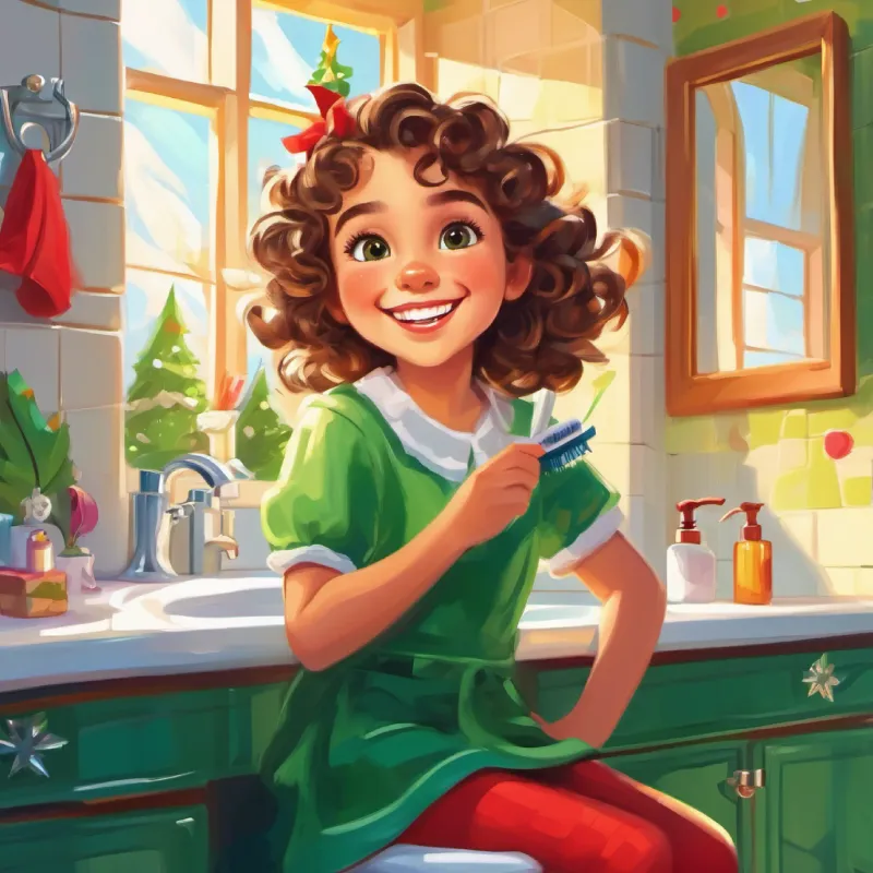 Young girl, curly brown hair, green eyes, bright smile in the bathroom preparing to brush her teeth