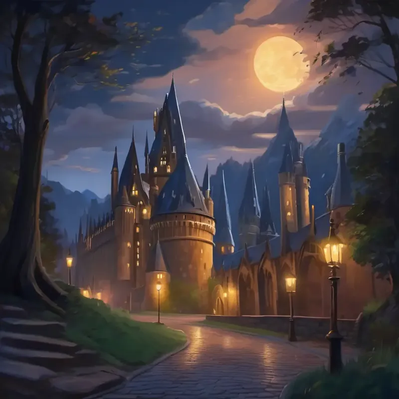 Nighttime Hogwarts, eerie and alive with secrets