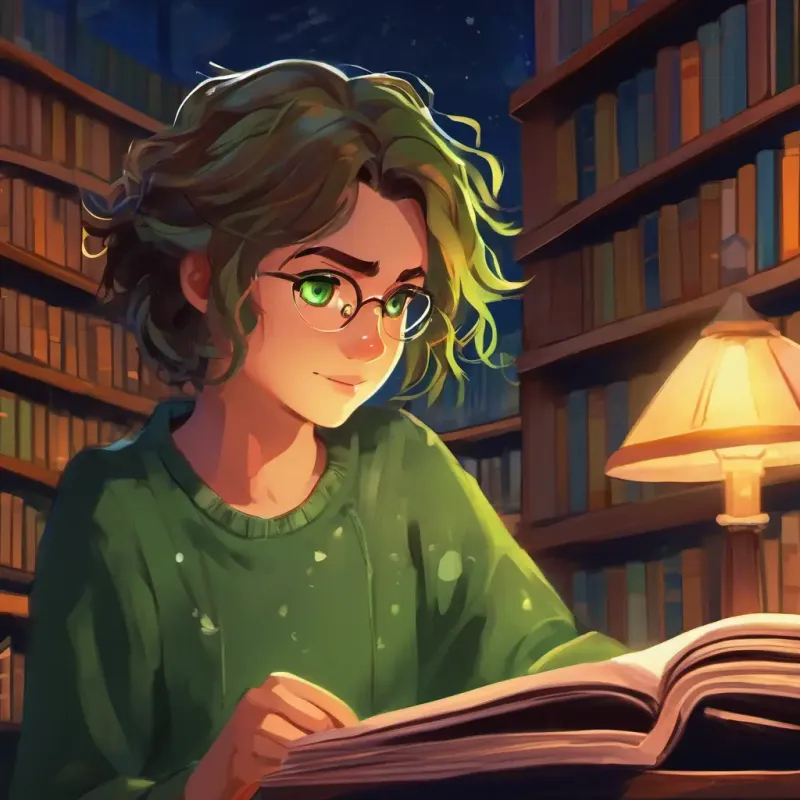 Messy hair, green eyes, scar on forehead's destination, library at night, search for truth