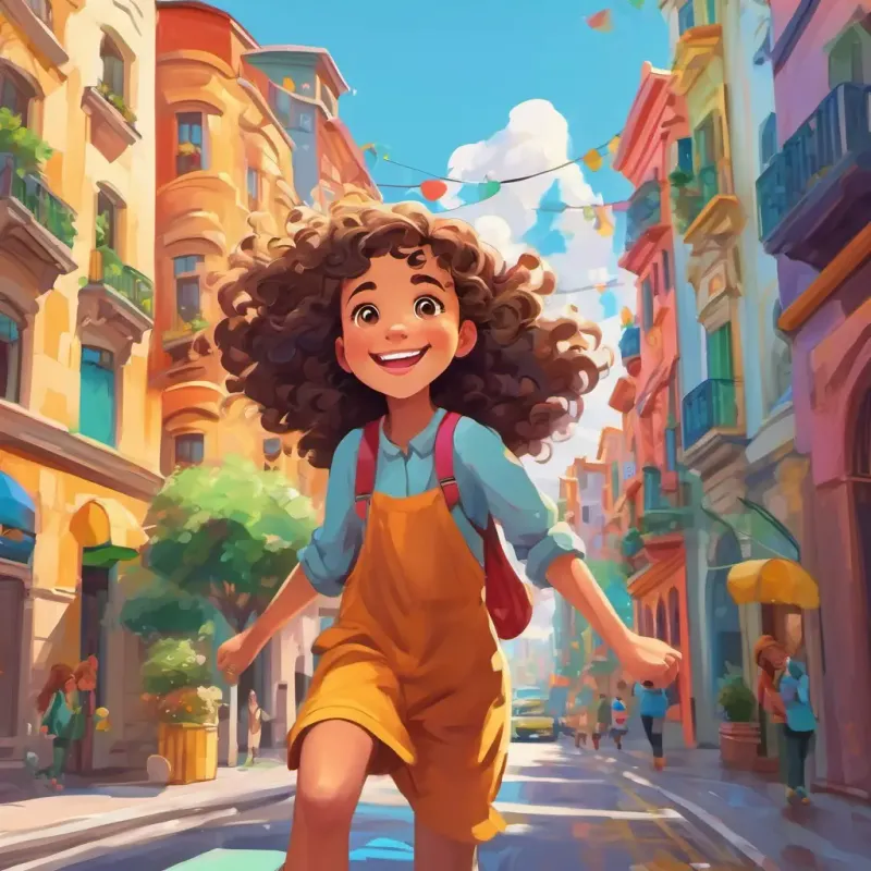 Curly-haired, bright-eyed girl, with a mischievous smile Joyful and clever skipping through the colorful city streets, with bright buildings and friendly faces all around.