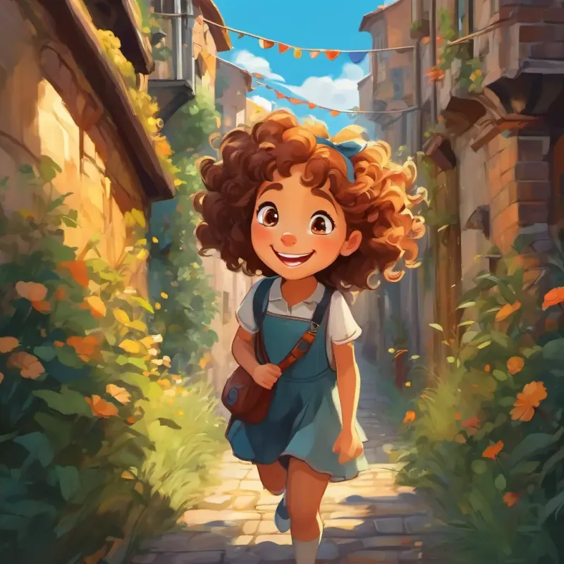 Curly-haired, bright-eyed girl, with a mischievous smile Joyful and clever following a sneaky fox with a mischievous grin, winding through narrow alleys and streets.