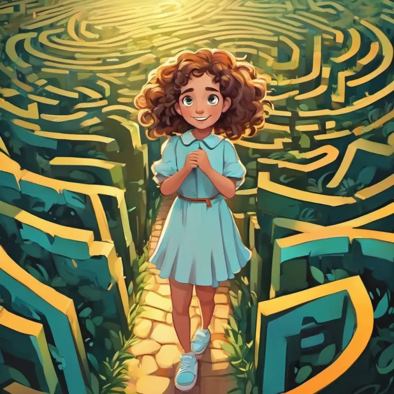 Curly-haired, bright-eyed girl, with a mischievous smile Joyful and clever standing in the middle of a confusing maze, looking baffled and bewildered.
