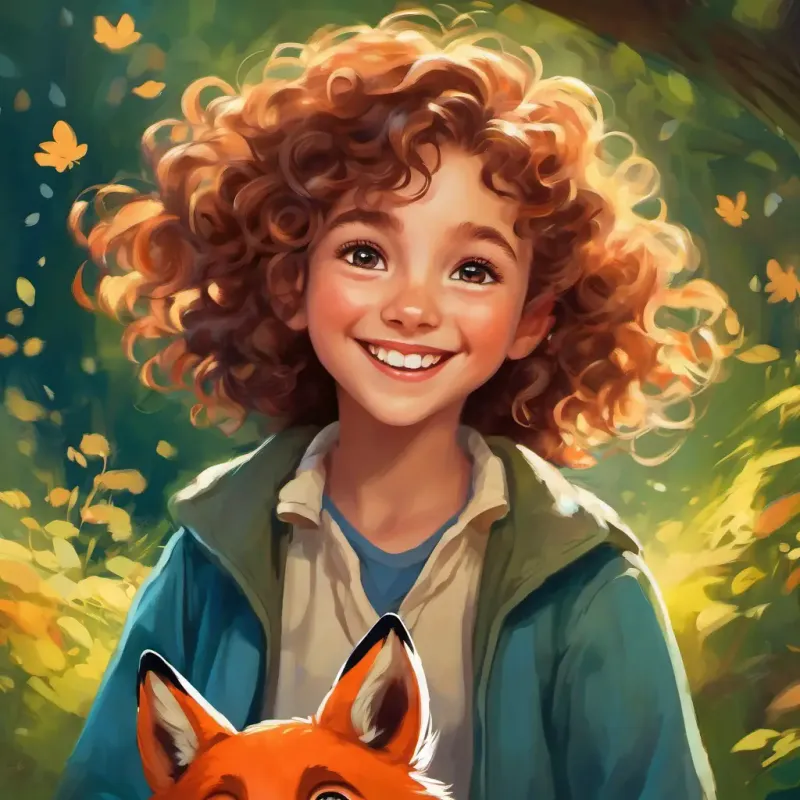 Curly-haired, bright-eyed girl, with a mischievous smile Joyful and clever giggling victoriously as she outwits the fox, with a mischievous twinkle in her eye.