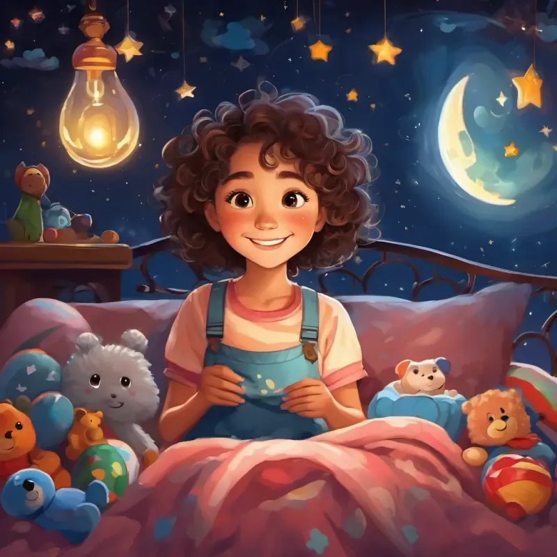 Curly-haired, bright-eyed girl, with a mischievous smile Joyful and clever tucked into bed, with a contented smile, surrounded by her favorite toys and a peaceful night sky outside.