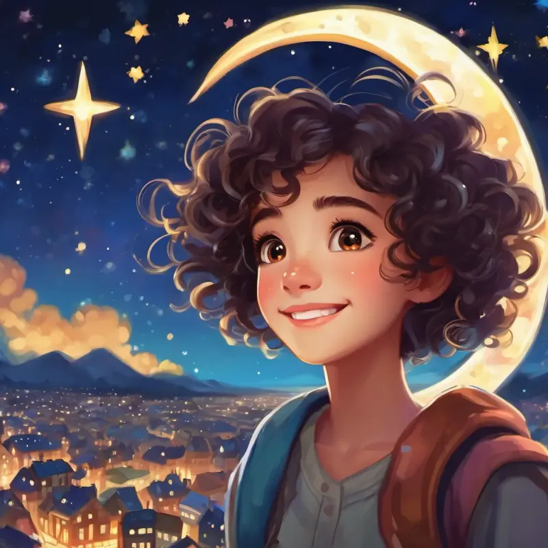 A picture of the night sky, filled with twinkling stars and a crescent moon, all shining down on Curly-haired, bright-eyed girl, with a mischievous smile Joyful and clever's peaceful city.