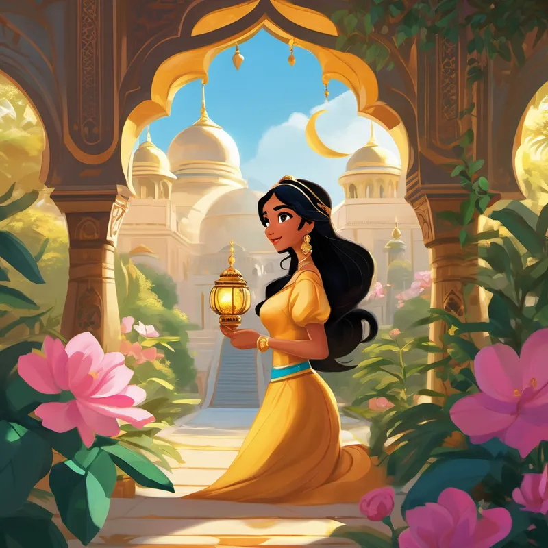 Once upon a time, in a faraway land called Agrabah, there was a beautiful princess named Jasmine. She had long, shiny black hair and eyes that sparkled like stars. Jasmine lived in a grand palace with her kind-hearted father, the Sultan. Every day, Jasmine would explore the palace gardens filled with colorful flowers and playful animals. One day, while exploring, she came across a small, magical golden lamp hidden behind a bush. Curiosity stirred within her, and she gently rubbed the lamp.