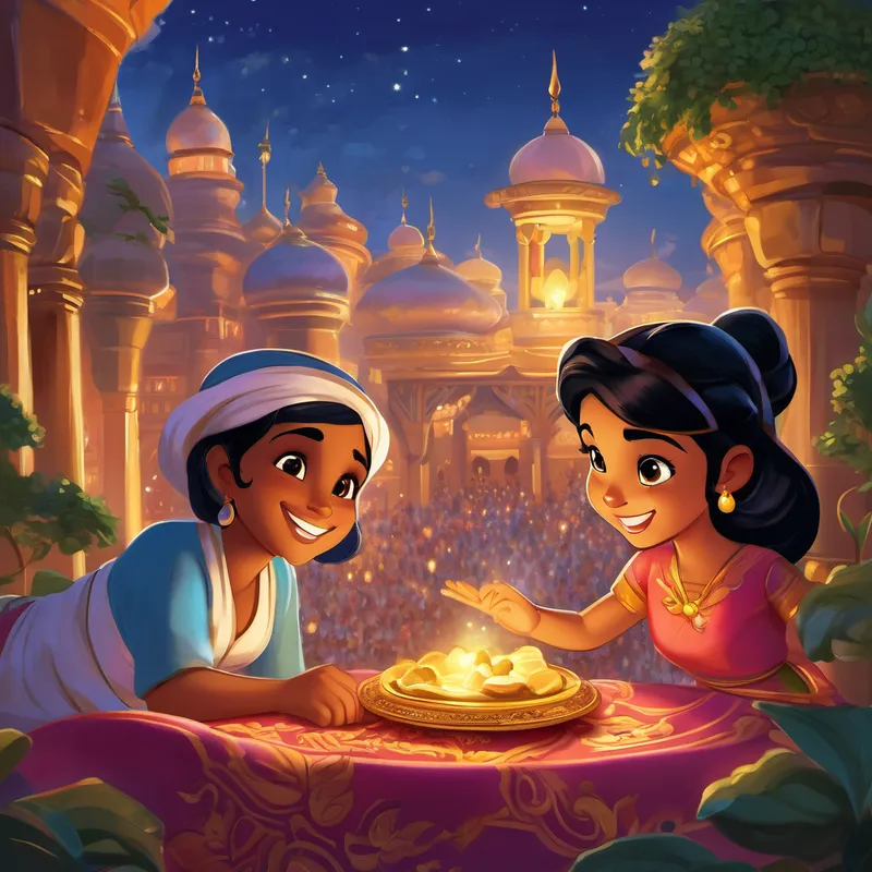 To Jasmine's surprise, a magical genie appeared from the lamp. The genie had a big smile on his face and granted Jasmine three wishes. With her first wish, Jasmine wished for a picnic with all her animal friends in the palace garden. The genie snapped his fingers, and instantly, delicious food appeared on a colorful blanket. Jasmine and her animal friends happily feasted together in the warm sunshine. For her second wish, Jasmine asked the genie to take her on a magical carpet ride high above the city of Agrabah. The genie waved his hands, and a beautiful carpet appeared before them. They soared through the sky, with the wind blowing through their hair as Jasmine giggled with delight. From up above, she could see the bustling marketplaces and twinkling lights of the city.
