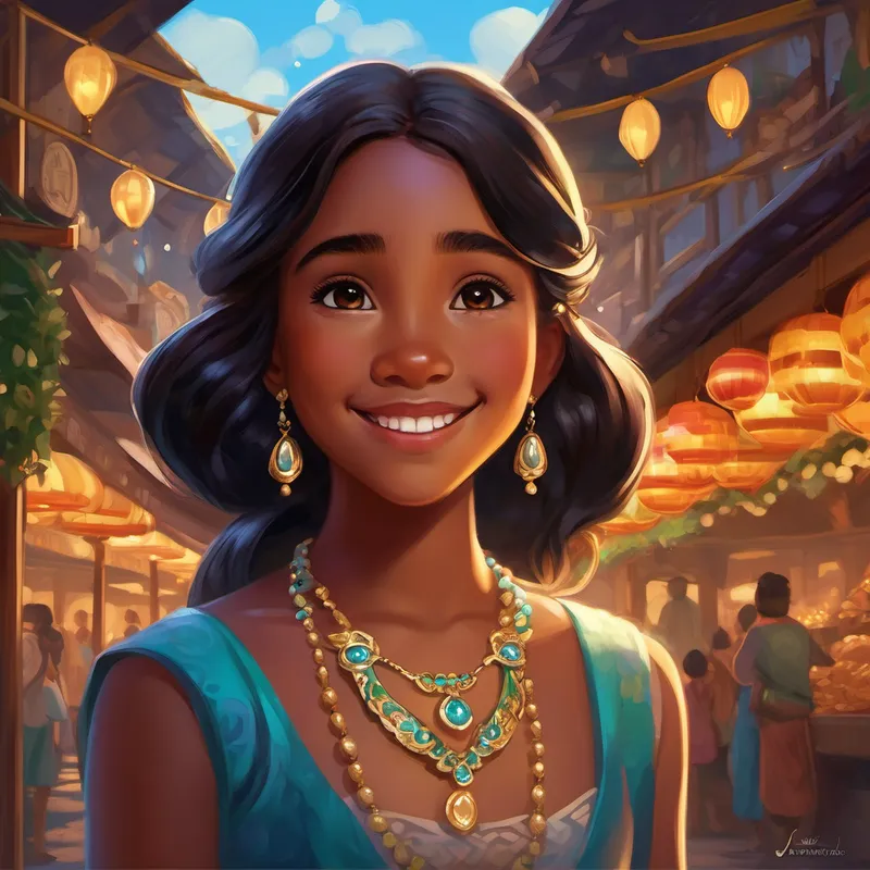 As they descended, Jasmine noticed a sad little girl sitting alone in the marketplace. Her heart filled with compassion, Jasmine wished for the ability to help people in need. The genie smiled proudly as a shimmering necklace appeared around Jasmine's neck. The necklace was adorned with a magic gem that granted her the power to empathize with others and offer them courage and support. With her newfound power, Jasmine ran to the little girl and offered her a friendly smile and a helping hand. The little girl's face lit up with joy, and Jasmine realized she could make a difference in people's lives.