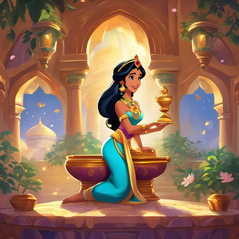 From that day on, Princess Jasmine used her magic gem to help others in her kingdom. She taught children to read, fed the hungry, and spread love and kindness everywhere she went. The people of Agrabah adored her and always remember her as the princess who cared for everyone. As time passed, Jasmine grew older and wiser. She continued to rule the kingdom with love and compassion, and her adventures became stories told from generation to generation. Princess Jasmine proved that even the smallest act of kindness could make a big difference and that true beauty comes from within.