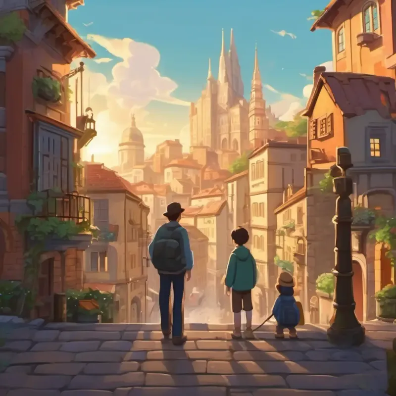 Introduction to father as a builder, city backdrop.