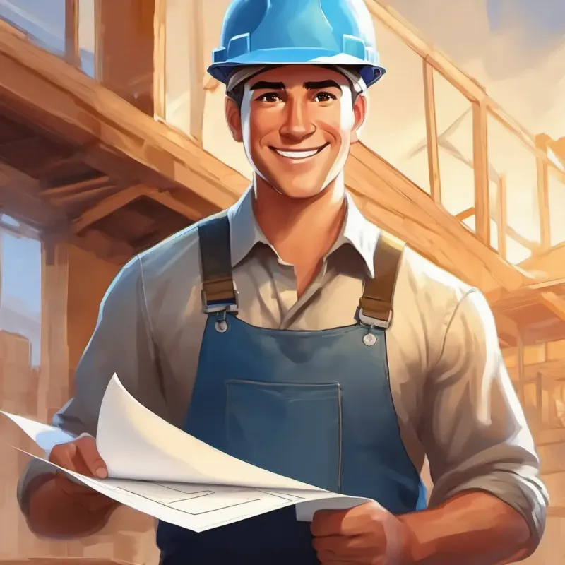 Strong, wearing hard hat, smiling, with determined eyes reviewing blueprints, envisioning the outcome.
