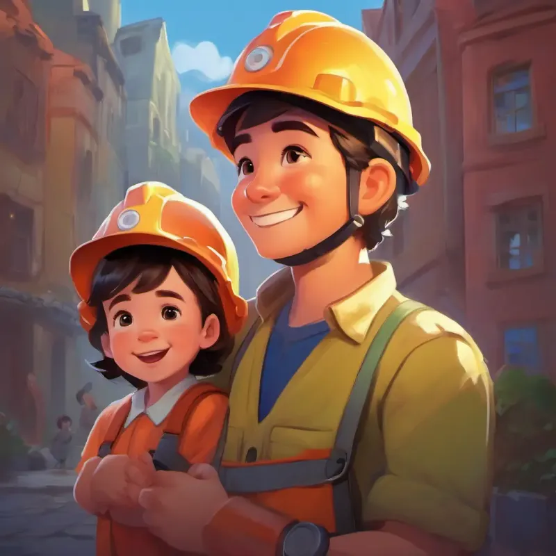 Strong, wearing hard hat, smiling, with determined eyes sharing stories with the child.