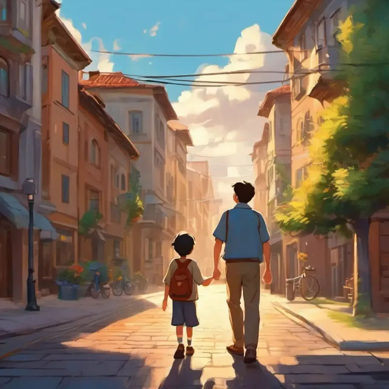 Youthful, curious eyes, admires father, hopeful expression and father walking, buildings in the background.