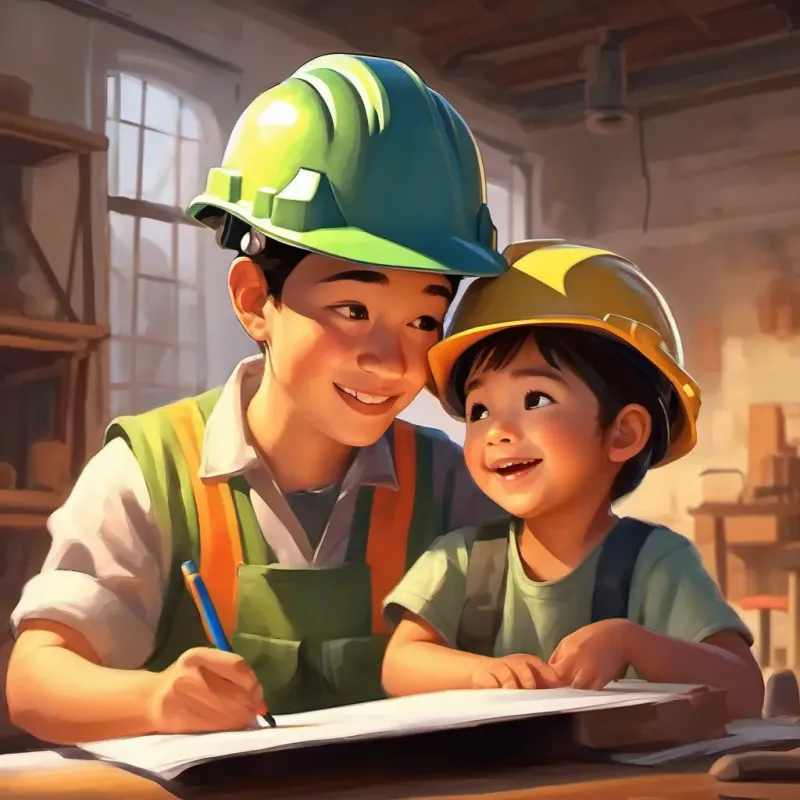 Strong, wearing hard hat, smiling, with determined eyes and child drawing together, sharing a moment.